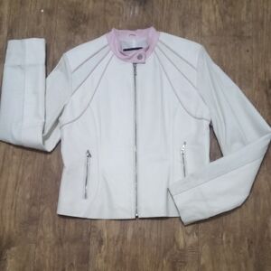 Oscar Leopold White and Pink Women's Leather Jacket Classic Biker Design XL